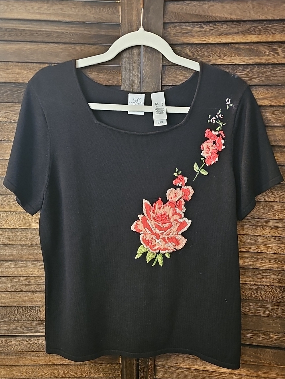 Emma James Black Short Sleeve Knit Top Pink Floral Embroidery Cottage Chic #884